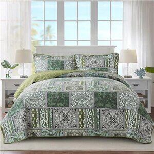 Cotton Bedspread Quilt Sets-Reversible Patchwork Coverlet Set, Classic Bohemian